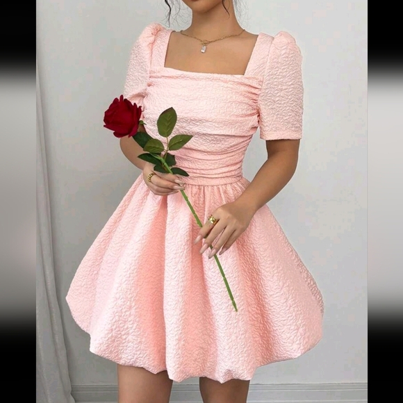 Women's Valentine's Day Pink Jacquard Ruched Short Sleeve Mini Dress - Picture 1 of 4